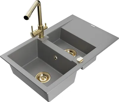 Produktbild von Mexen Gaspar 1,5-Becken-Granitspüle mit Abtropffläche und Mischbatterie Duero, Grau - 6507-71-671600-50
