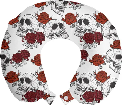Produktbild von ABAKUHAUS Schädel Reisekissen Nackenstütze, Roses Gothic Schädel, Schaumstoff Reiseartikel für Flugzeug und Auto, 30x30 cm, Grau