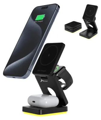 Produktbild von 3-In-1 Wireless Ladestation Kabellose Faltbar Induktives Ladegerät Magsafe Qi 15W Kompatibel Mit Apple Iphone 16, 15 Airpods Smartwatch, Ladeständer Mit Nachtlicht Reagle