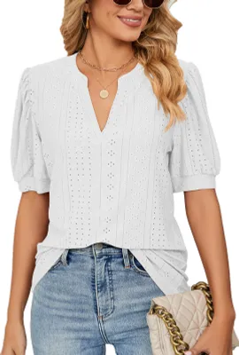 Produktbild von ASKSA Damen T-Shirt Puffärmel Aushöhlen Bluse V-Ausschnitt Sommer Kurzarm Shirts, Weiß, S