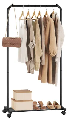 Produktbild von SONGMICS Kleiderständer, Kleiderstange auf Rollen, Garderobenständer 74 cm breit, Rollgarderobe mit Gitterablage, bis 35 kg belastbar