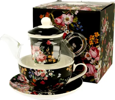 Produktbild von DUO FLORAL Tasse mit Teekanne VINTAGE FLOWERS BLACK Glas - New Bone China Porzellan