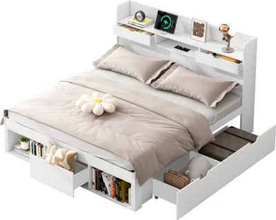 Produktbild von Doppelbett 140x200cm (Ohne Matratze) Weiss Mit USB Port Schubladen Stauraum Jugendbett