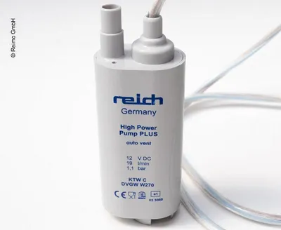 A close-up studio shot of a gray submersible pump with clear tubing attached, set against a white background.