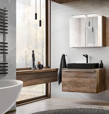 Produktbild von MONTIERT Badmöbel Set SANTA FE 80-V cm BRAUN mit Waschbecken MATT LED SOFT-CLOSE Waschtisch Spiegelschrank