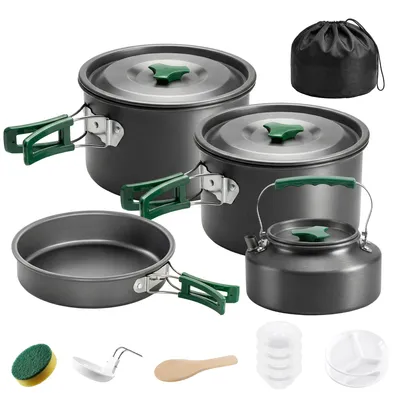 Produktbild von Outsunny Camping Kochgeschirr Set 5-teiliges Outdoor Geschirr Set mit Topf Grau