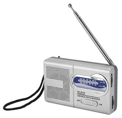 Productafbeelding van AM FM radio op batterijen, multifunctionele zilvergrijze miniradio voor onderweg