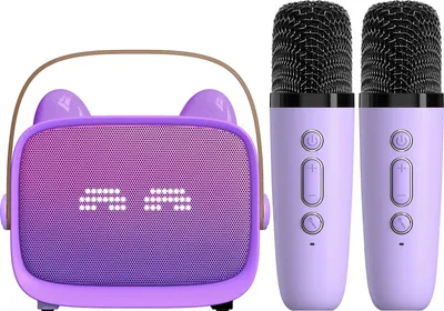 Produktbild von Kinder Karaoke-Lautsprecher mit 2 Mikrofone bunte Lichter Unterstützung Rauschunterdrückung BT für Smartphone lila