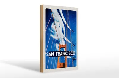 Produktbild von Holzschild Reise 20x30cm San Francisco Brücke Flugzeug Himmel