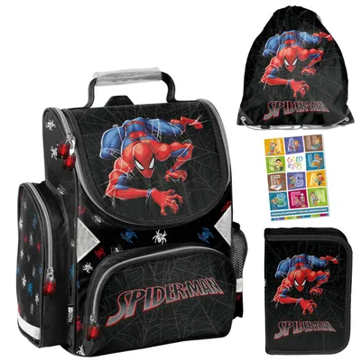 Produktbild von Schulranzen für Jungen und Mädchen, 4er-Set - Schul-Rucksack für Kinder mit Federmäppchen - Schuhbeutel und Hausaufgabenheft - Spiderman Motiv