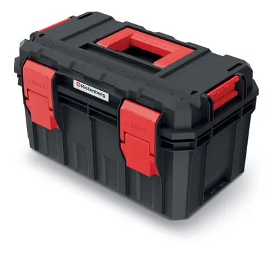 A black and red Kistenberg toolbox with a handle and latches.