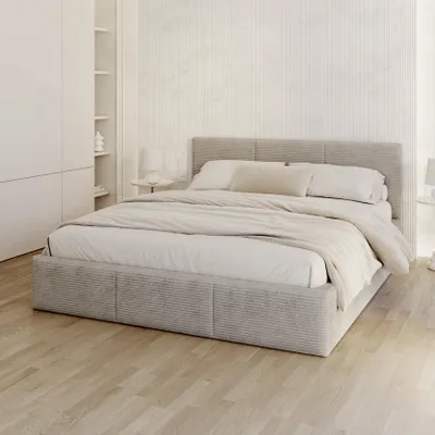 Produktbild von FDM Bett Fresia Cord 180x200 cm Polsterbett mit Lattenrost aus Metall Bettkasten Stauraumbett Samt grau