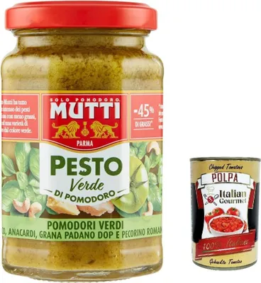 Produktbild von 3x Mutti Pesto Verde Pomodori Verdi Grünes Tomatenpesto Pasta Sauce 100% italienische Tomate Glas 180g Würzsaucen mit Cashewnüssen, Grana Padano und Pecorino Romano + Italian Gourmet polpa 400g