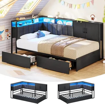 Produktbild von AODEMOKO Polsterbett mit LED-Beleuchtung, Ladestation, 2 Schubladen und Lattenrost aus Metall, Kopfteil mit Offenem Regal, Schrank, 90×190cm, Schwarz