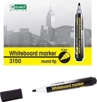 Produktbild von D.RECT 3150 Whiteboard Marker für Whiteboards und Flipcharts, abwischbar Glasboard Marker Rundspitze Schwarz 12 Stück