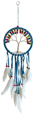 Produktbild von Traumfänger "Tree of Life" Leder türkis 16cm mit farbigen Holzperlen, 16x50cm