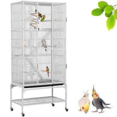 Produktbild von Yaheetech Vogelkäfig Nagerkäfig mit Rollen, Voliere Vogelhaus mit 6 Sitzstangen & 8 Futternäpfen, Weiß