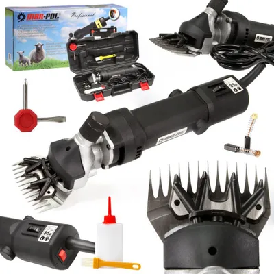 A collage of images showing a sheep shearing machine and its accessories, along with its packaging.