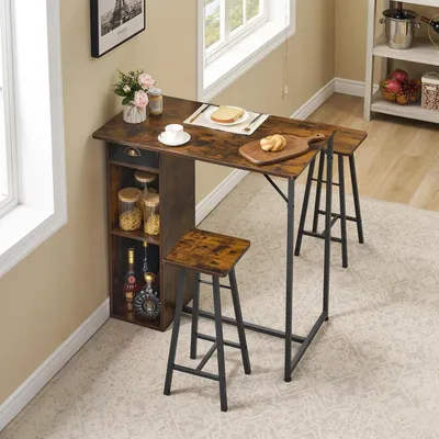 Image de Ensemble de salle à manger 3 pièces pour 2 personnes, comprenant une table et 2 tabourets de bar, de couleur marron rustique