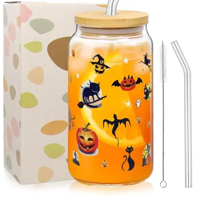 Produktbild von Halloween Trinkglas 500ml mit Deckel & Strohhalm, Glasbecher Geist Katze Kürbis Motiv