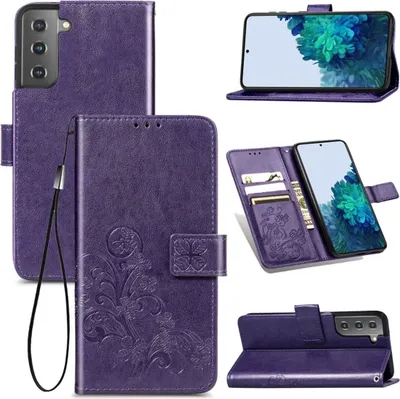 A collage of images showing a purple leather phone case for a Samsung Galaxy S22 Plus 5G.