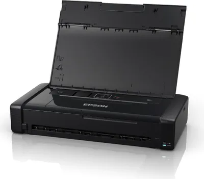 A black Epson WorkForce WF-110W portable printer with its lid open, shown against a white background.