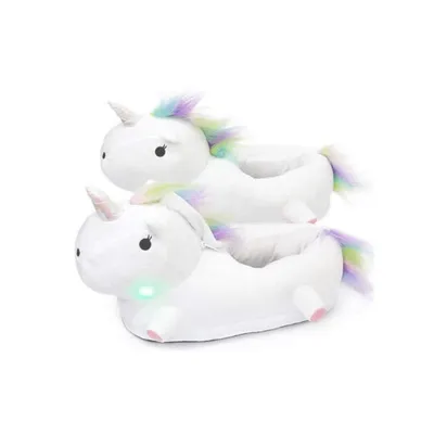 Produktbild von Zolta Plüsch Hausschuhe  - Pantoffeln Damen mit Tiere - Flauschige kuschel Slippers - Lustige warme Puschen für Winter - ONE SIZE  36-41 - Einhorn Weiß LED