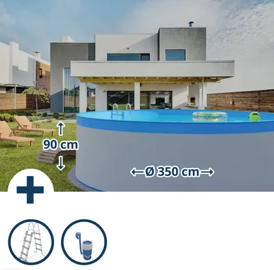 Produktbild von Stahlwandpool Set (3-Teilig) rund 350x90 cm, Stahl 0,3 mm weiß, Folie 0,2 mm blau, overlap