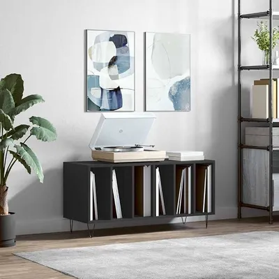 Produktbild von Schallplattenregal mit Eisenbeinen, Schallplattenschrank 100x38x48 cm, Plattenspieler Schrank schwarz, LP Aufbewahrung aus Holzwerkstoff