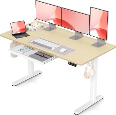 Zdjęcie produktu dla Claiks biurko elektryczne z regulacją wysokości i szufladą 140x60 cm biały/beżowy