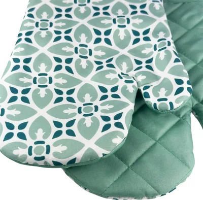 A close-up view of two oven mitts with a geometric pattern.