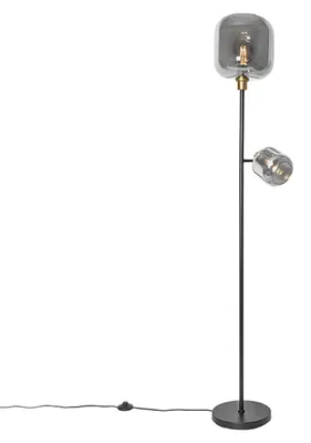 Produktbild von Qazqa Modern Stehleuchte, Stehlampe - Zuzanna - Schwarz mit Rauchglas, max. 25W, Geeignet für LED, 2-flammig, 170cm, Ideal als Flur, Küche lampe, Wohnzimmerlampe und Schlafzimmerlampe