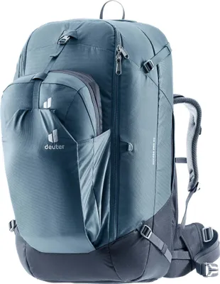 A blue and gray Deuter backpack is shown against a white background.