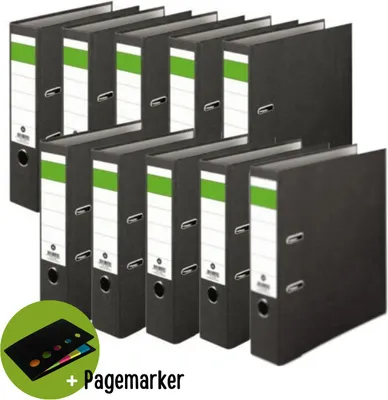Produktbild von 10 x Ordner 80mm grüner Balken neutral A4 Wolkenmarmor breit mit Kantenschutz + Pagemarker