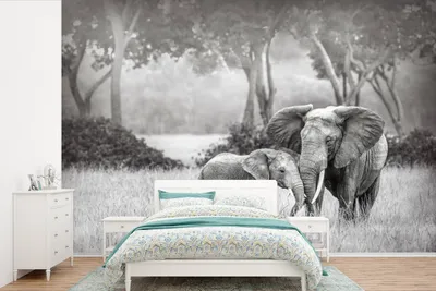 Produktbild von MuchoWow® Fototapete für Wohnzimmer oder Schlafzimmer Wandtapete Vinyl Motivtapete Elefantenbaby mit seiner Mutter in schwarz-weiß - 390x260 cm - Papiertapete