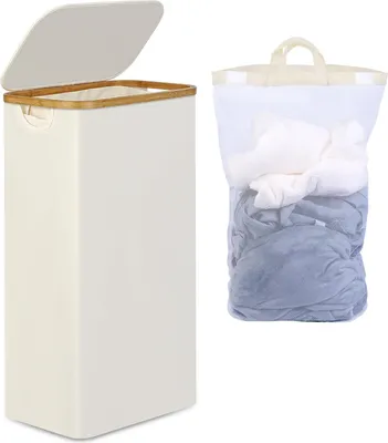 Produktbild von Schmale Wäschetruhe mit Deckel - waschbarer Innenbeutel - 75 Liter - beige - Bambusgriff
