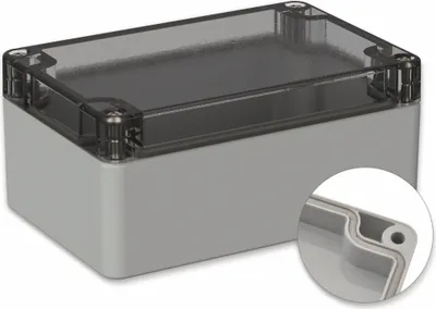 Produktbild von POLLIN, Polycarbonat Gehäuse, 120 x 80 x 55 mm, IP66, Lichtgrau, Glasklarer Deckel