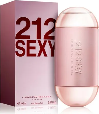 A perfume bottle and its packaging are displayed against a white background.