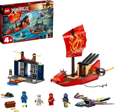 A collage of LEGO Ninjago set components, including a box, a ship, a building, and figures.