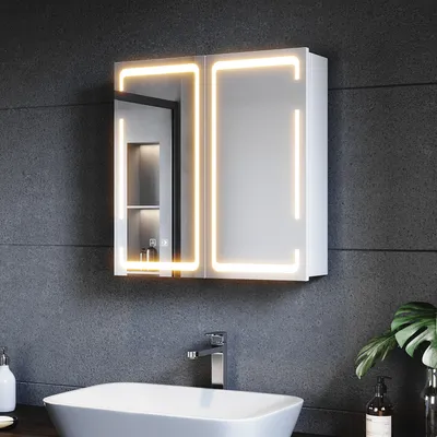 SONNI Metall Spiegelschrank mit LED Beleuchtung 59x60x14 cm,Dimmbar Dual-Touch-Schalter,2 Türig,Kabellose Scharnierkonstruktion Wandschrank,Badschrank