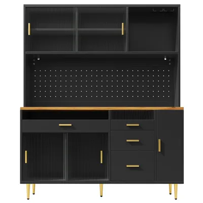 Produktbild von Flieks Küche Hochschrank mit Led, Küchenbuffet Küchenschrank mit Lochwandregalen und Glashalter, Highboard 145x39x171 cm, Schwarz