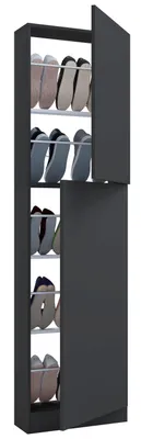 A tall, narrow, dark gray shoe cabinet with two doors, each opening to reveal shelves filled with shoes.