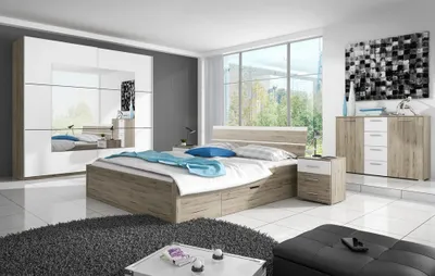 Produktbild von Schlafzimmer Kombinationsset mit Liegefläche 160x200 cm in Sanremo Eiche Nb. mit weiß BIRMINGHAM-83