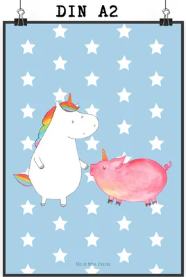 Produktbild von Mr. & Mrs. Panda Bild Einhorn Schwein DIN A2 - Blau Pastell - Geschenk, Einhörner, Unicorn, wandkunst, Freundin, Kunstdruck, Wandbild, Schweinchen, wanddeko, drucke