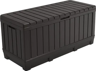 A dark brown outdoor storage box with a slatted lid and sides, shown from a three-quarter angle against a white background.