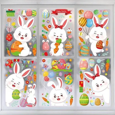 Immagine prodotto di Adesivi in PVC statici a tema pasquale per vetrine, ideali per decorare finestre, case e feste - 6 adesivi - Tipo 2