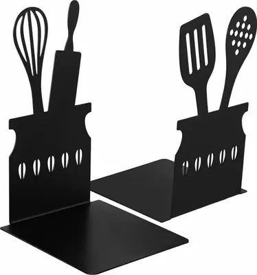 Produktbild von Schwarze Buchstützen für die Küche, Löffel, dekorative Kochbücher, Metall-Buchstützen mit Anti-Rutsch-Matte, Metall-Kochbuch-Aufbewahrung, Buchstopper, Kochbuchhalter in