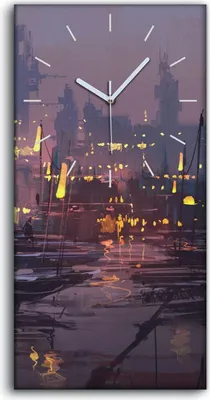 Produktbild von Wohnzimmer-Bild Leinwand Uhr 30x60 Boote im Hafen futuristischen Stadt - weiße Hände