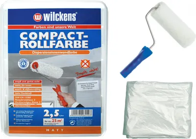 Produktbild von 2,5 Liter Feste Innenwandfarbe für ca. 20 bis 25 m²l, 1x Farbroller 230mm, 1x Abdeckfolie, transparent, 0,007mn, 4x 5m