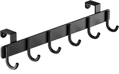 A black over-the-door hook rack with six hooks.